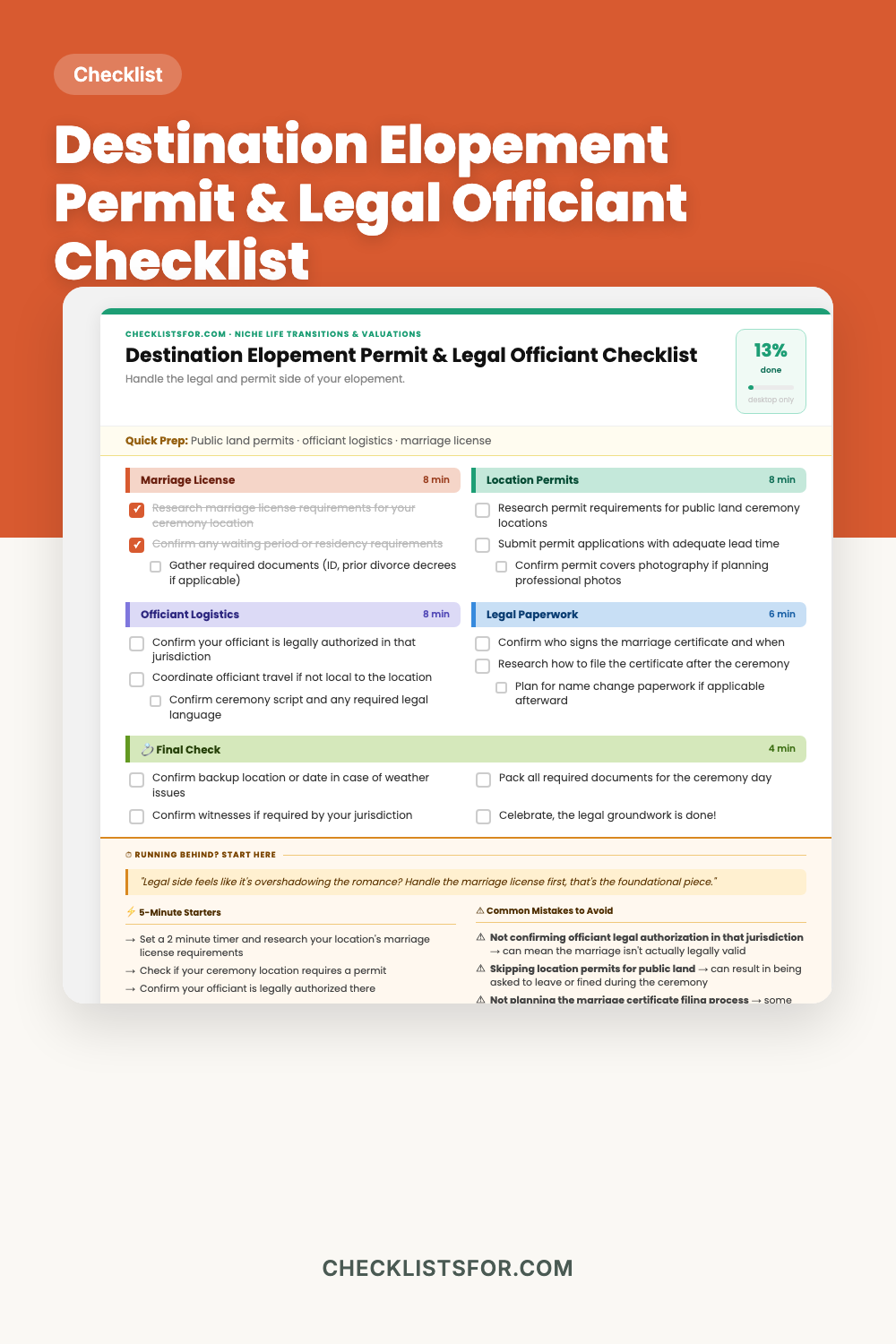 Destination Elopement Permit Acquisition & Legal Officiant Guide Checklist cover