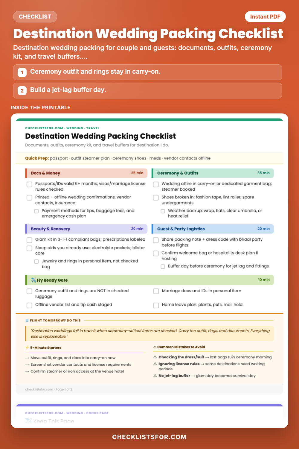 Destination Wedding Packing Checklist cover, interactive checklist