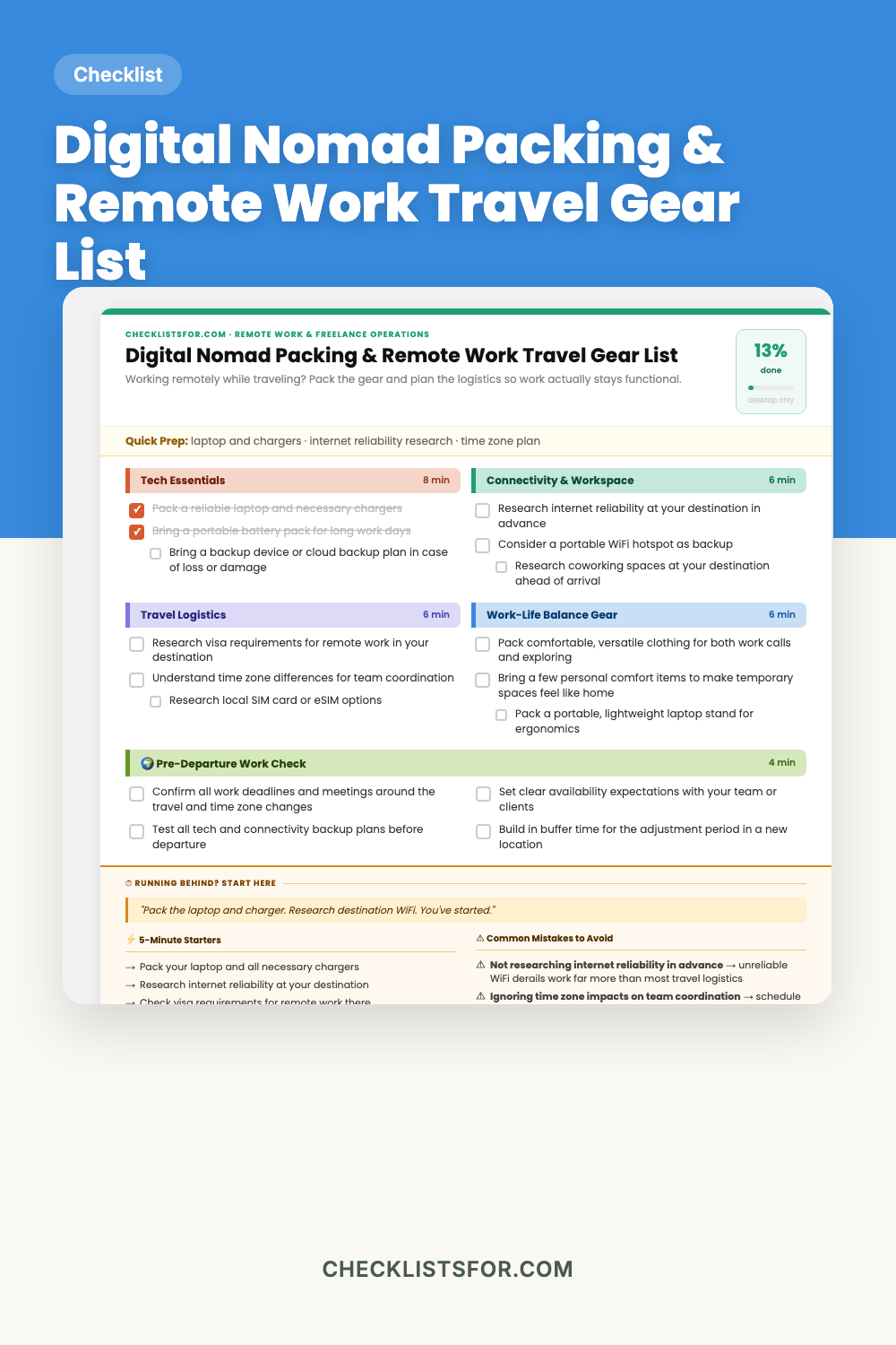 Digital Nomad Packing & Remote Work Travel Gear List cover, interactive checklist