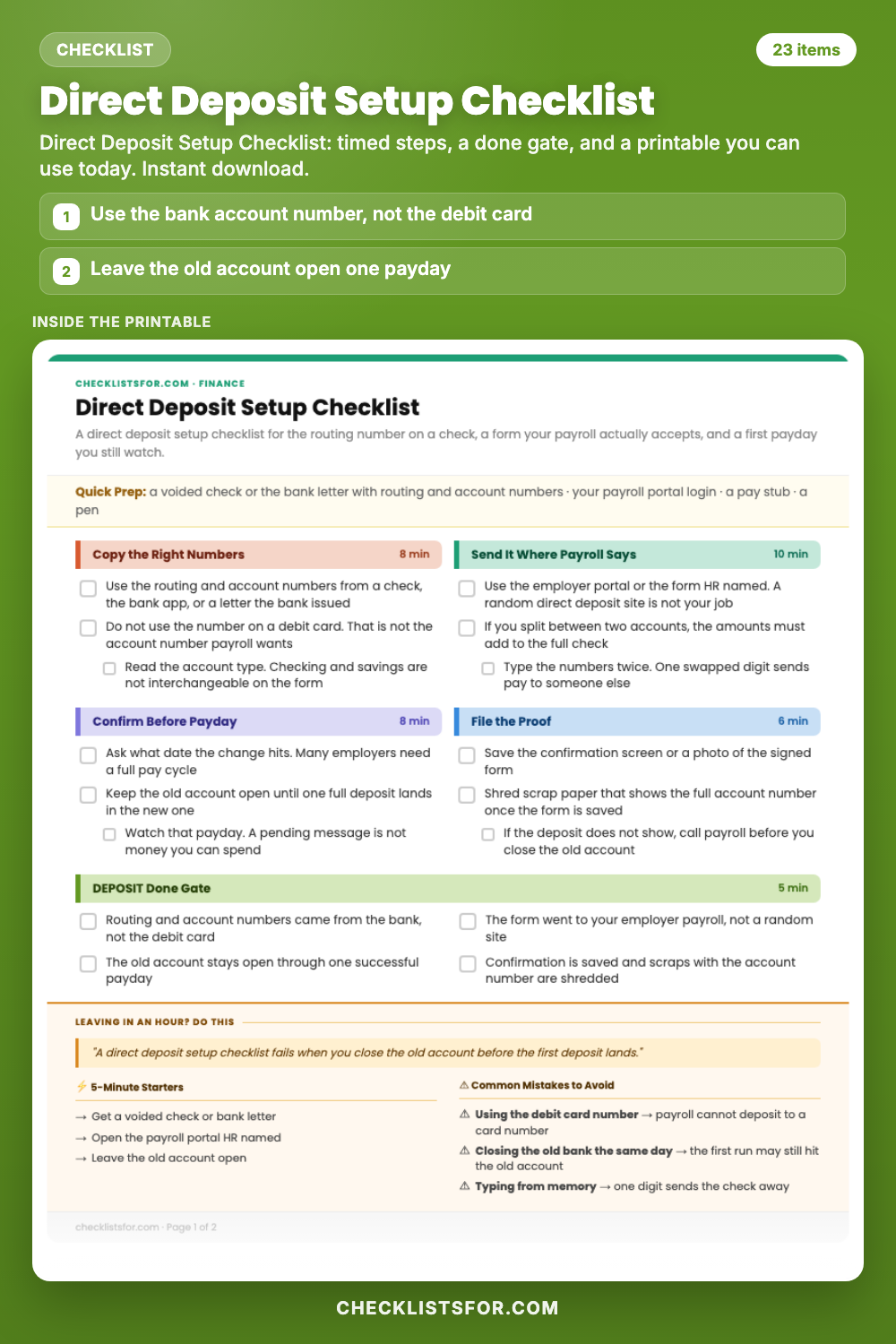 Direct Deposit Setup Checklist cover, interactive checklist