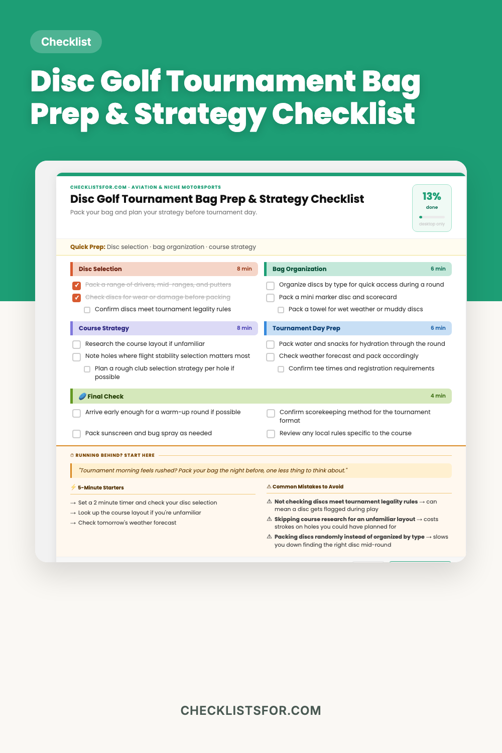 Disc Golf Tournament Bag Prep & Course Strategy Planner Checklist cover