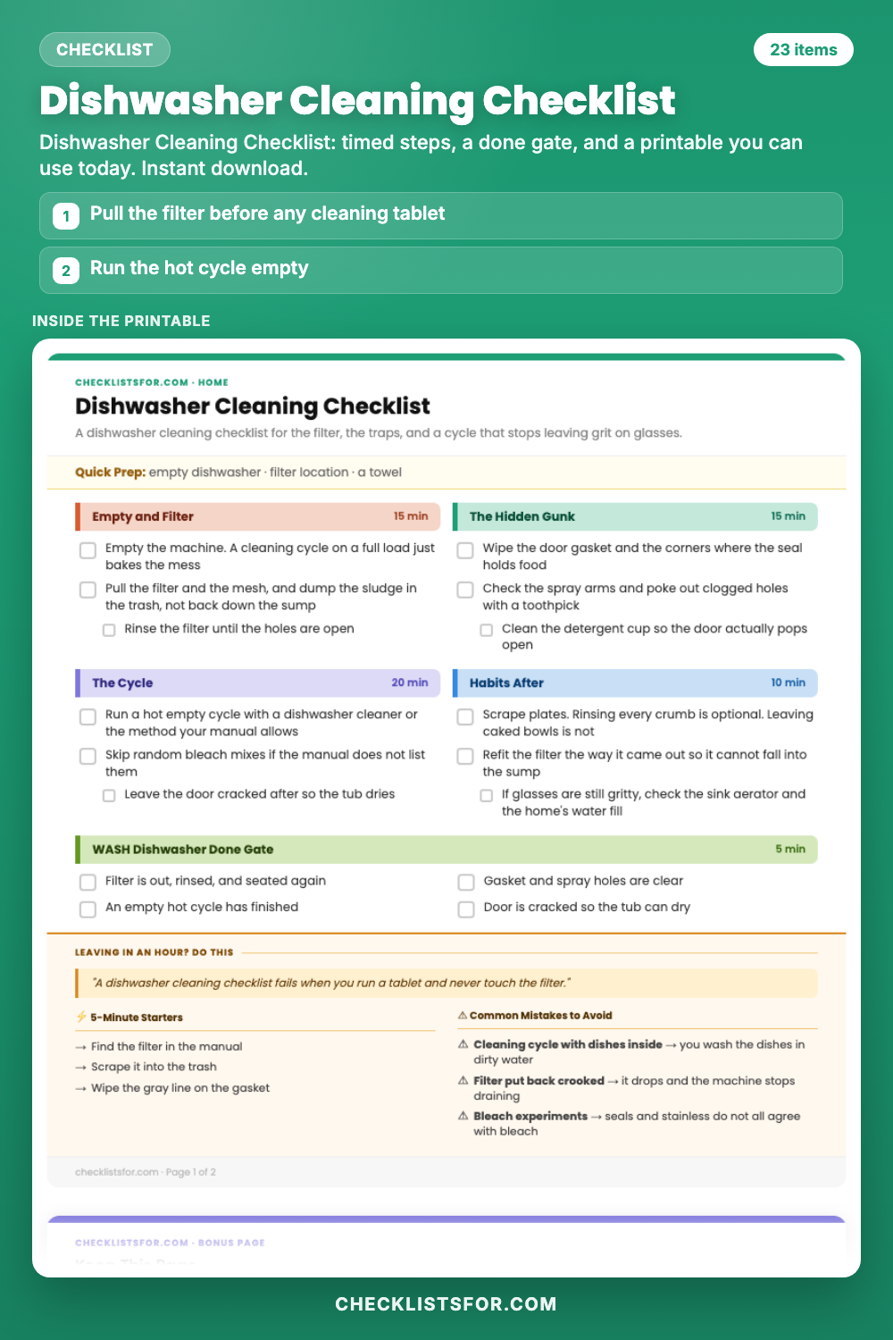 Dishwasher Cleaning Checklist cover, interactive checklist