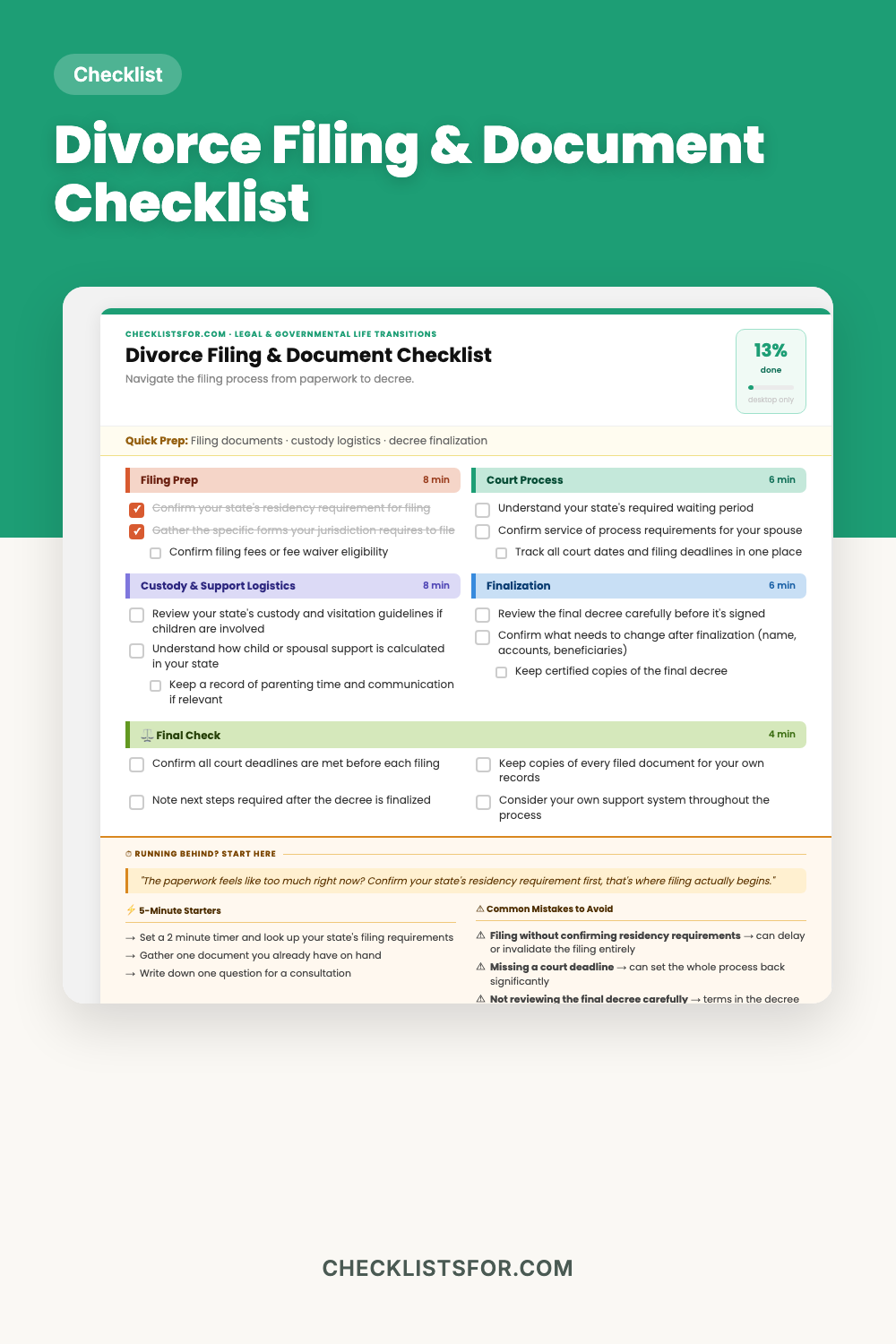 Divorce Filing & Personal Document Checklist cover, court process tracker