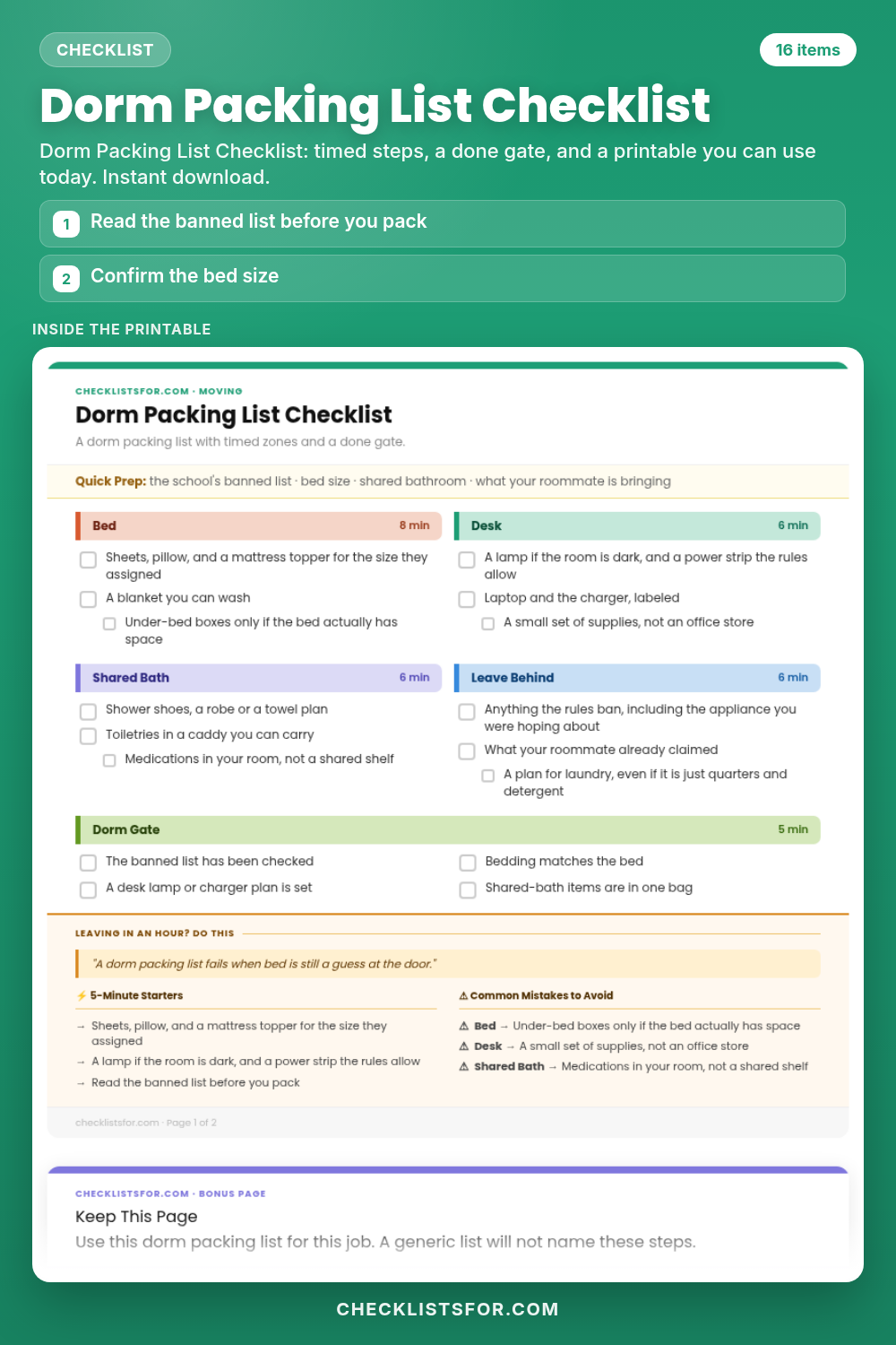 Dorm Packing List Checklist