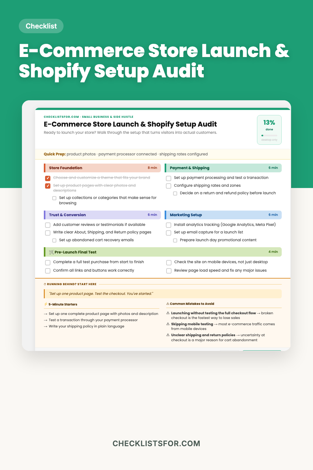 E-Commerce Store Launch & Shopify Setup Audit cover, interactive checklist