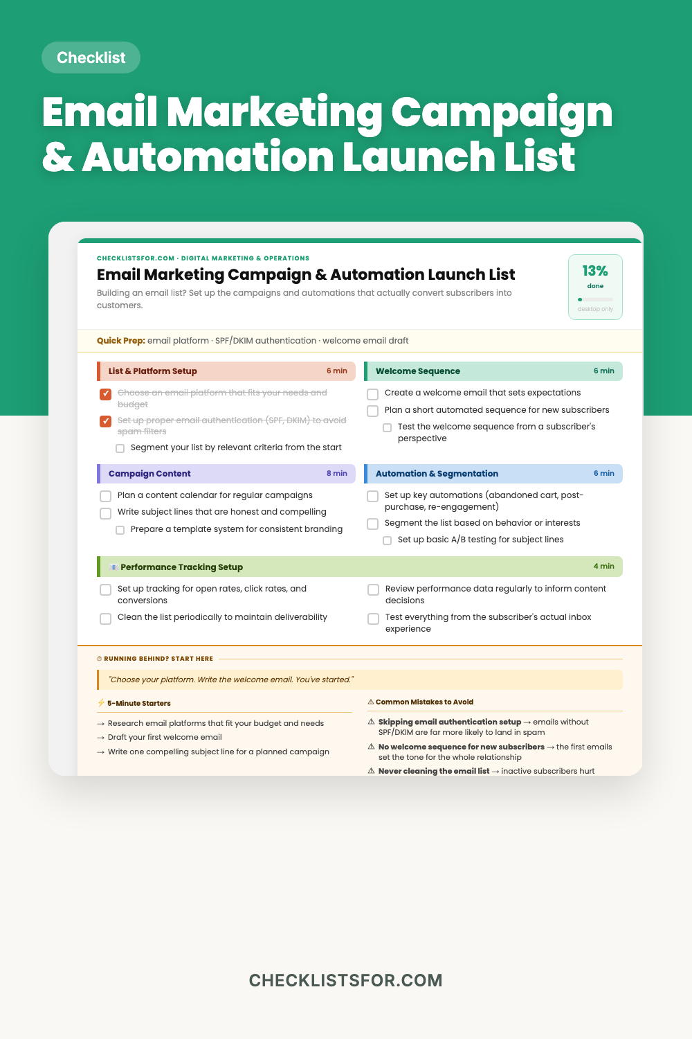 Email Marketing Campaign & Automation Launch List cover, interactive checklist