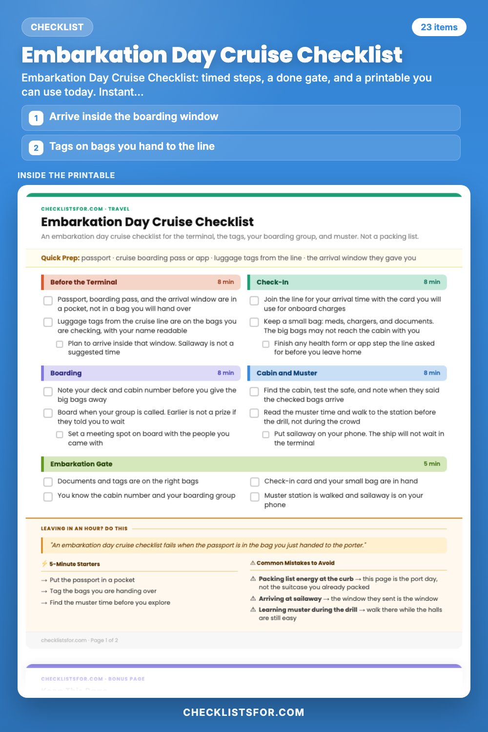 Embarkation Day Cruise Checklist cover, interactive checklist