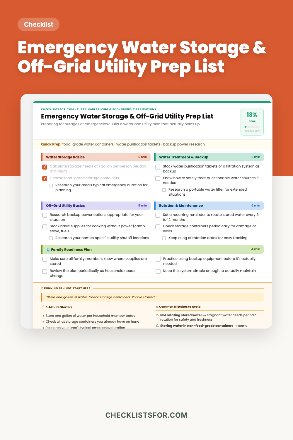Emergency Water Storage & Off-Grid Utility Prep List cover, interactive checklist