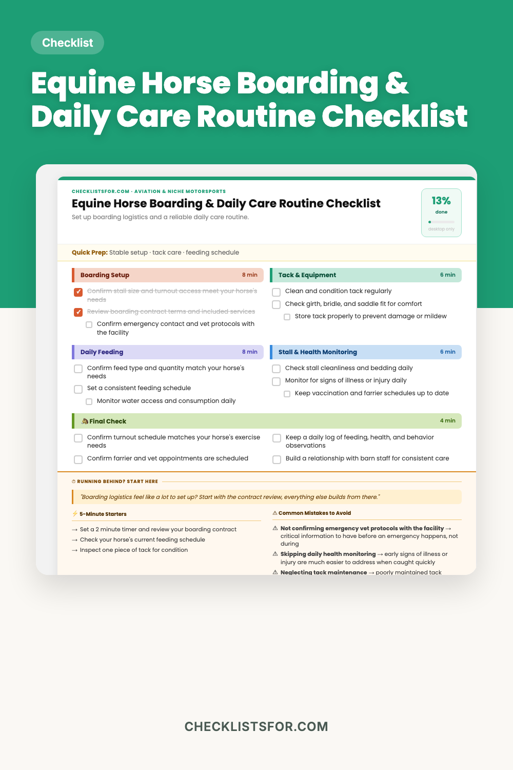 Equine Horse Boarding Stable Setup & Daily Care Routine Checklist cover