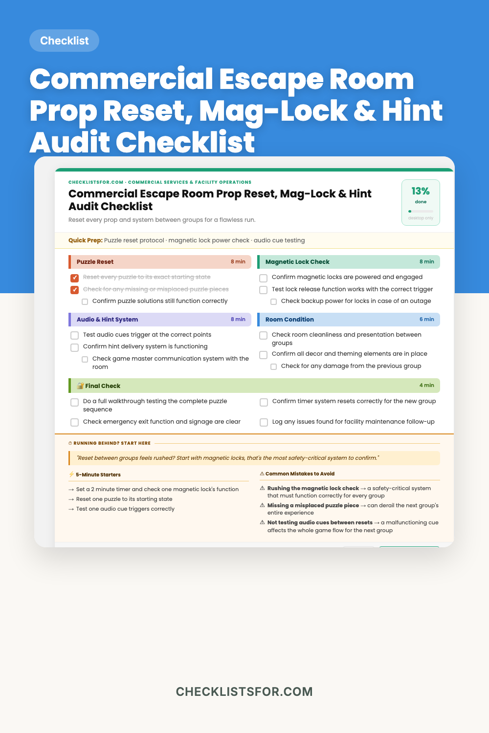 Commercial Escape Room Prop Reset, Mag-Lock & Hint Audit Checklist