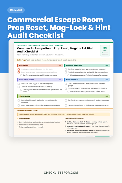 Commercial Escape Room Prop Reset, Mag-Lock & Hint System Audit Checklist cover