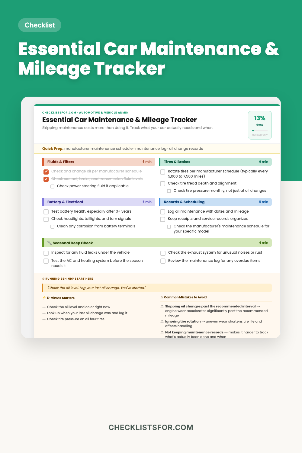 Essential Car Maintenance & Mileage Tracker
