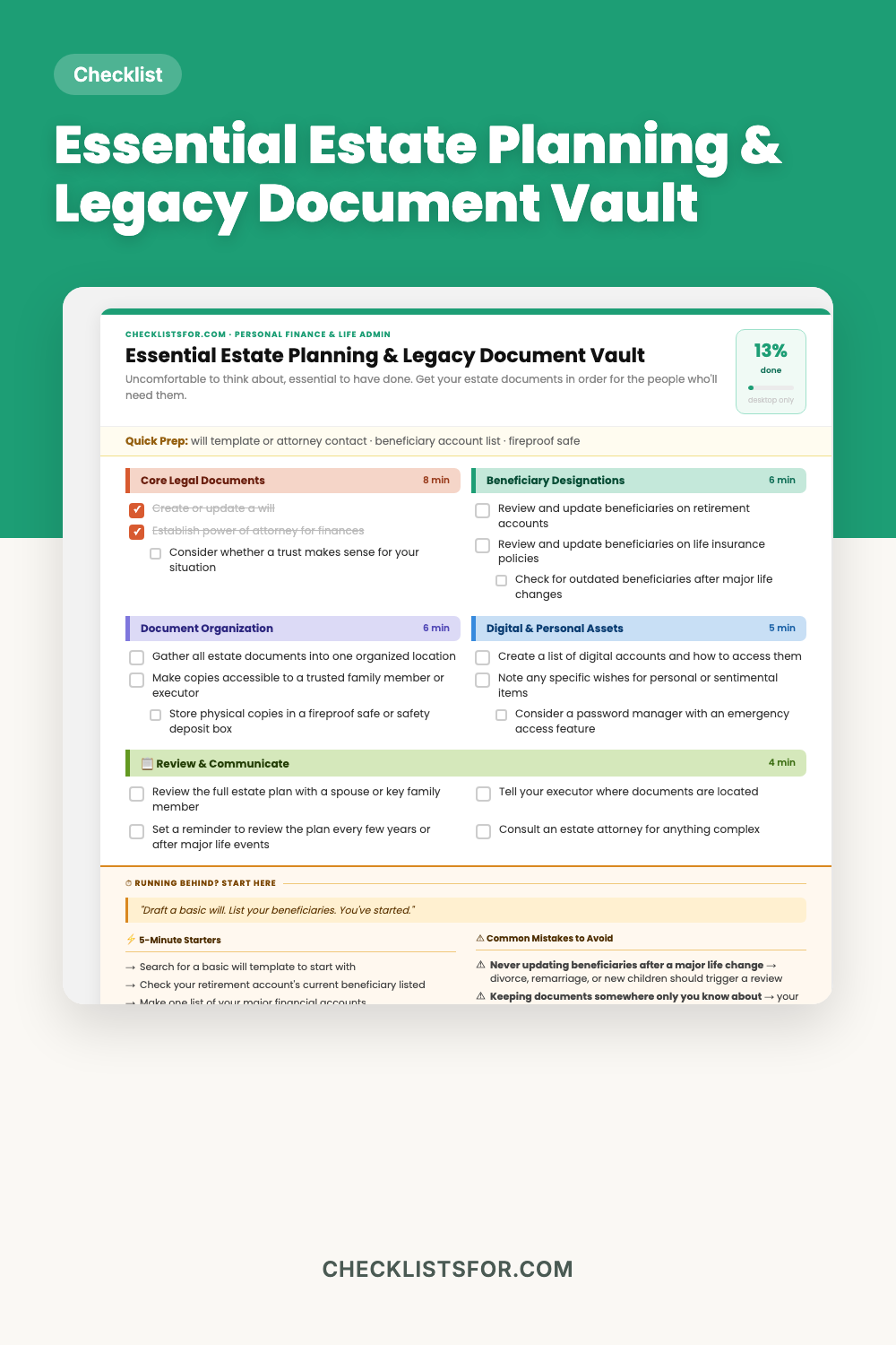 Essential Estate Planning & Legacy Document Vault cover, interactive checklist