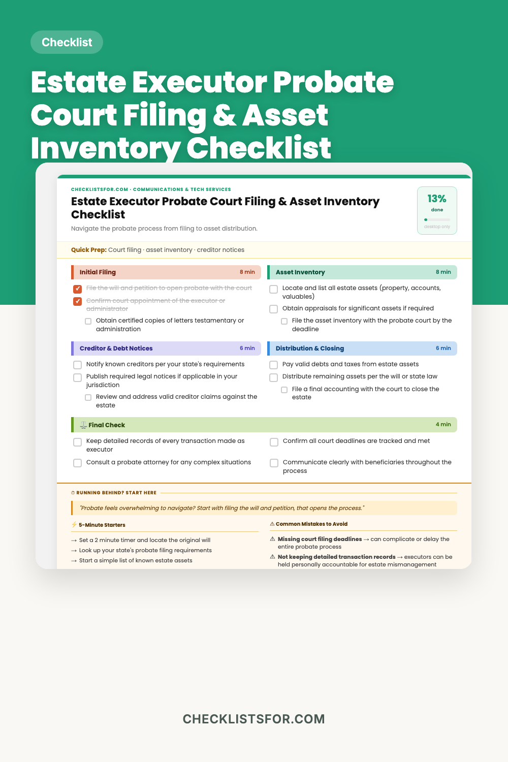 Estate Executor Probate Court Filing & Asset Inventory Matrix Checklist cover