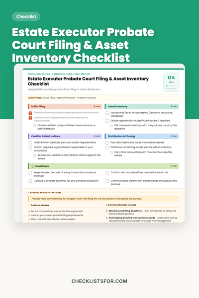 Estate Executor Probate Court Filing & Asset Inventory Checklist