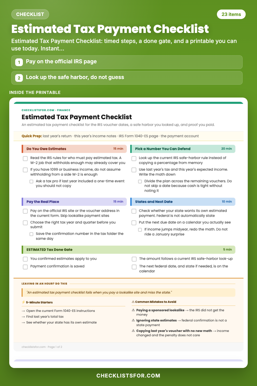 Estimated Tax Payment Checklist cover, interactive checklist
