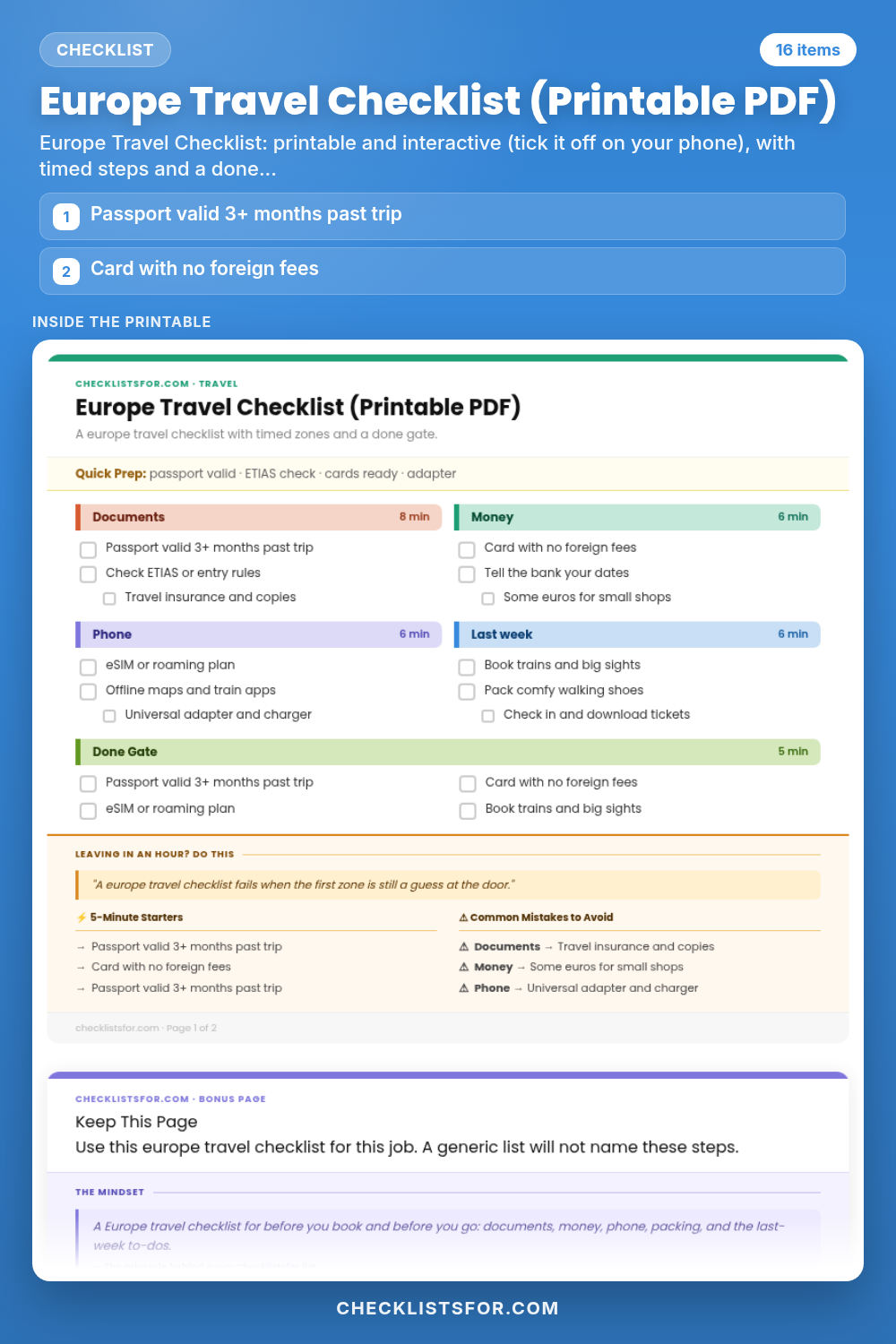 Europe Travel Checklist (Printable PDF)