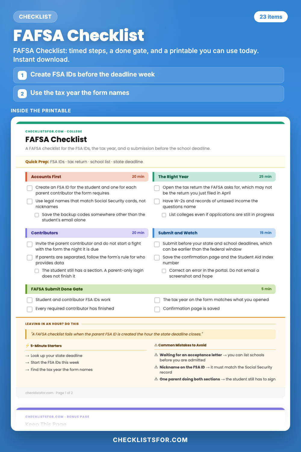 FAFSA Checklist cover, interactive checklist