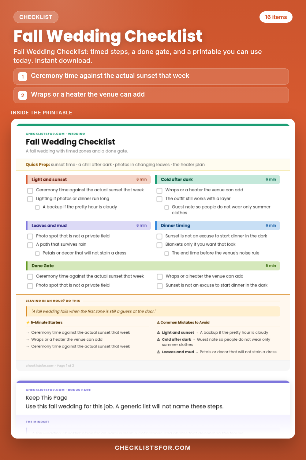 Fall Wedding Checklist cover, interactive checklist