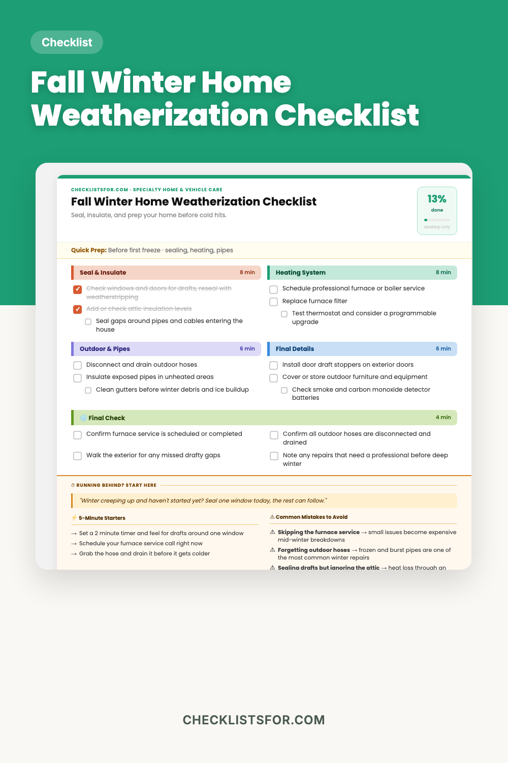 Fall Winter Home Weatherization Checklist cover, home prep tracker