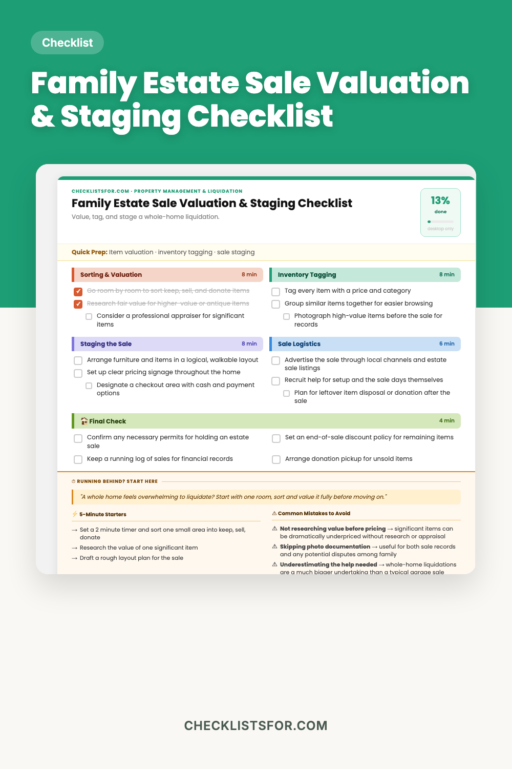 Family Estate Sale Valuation, Inventory Tagging & Staging Plan Checklist cover