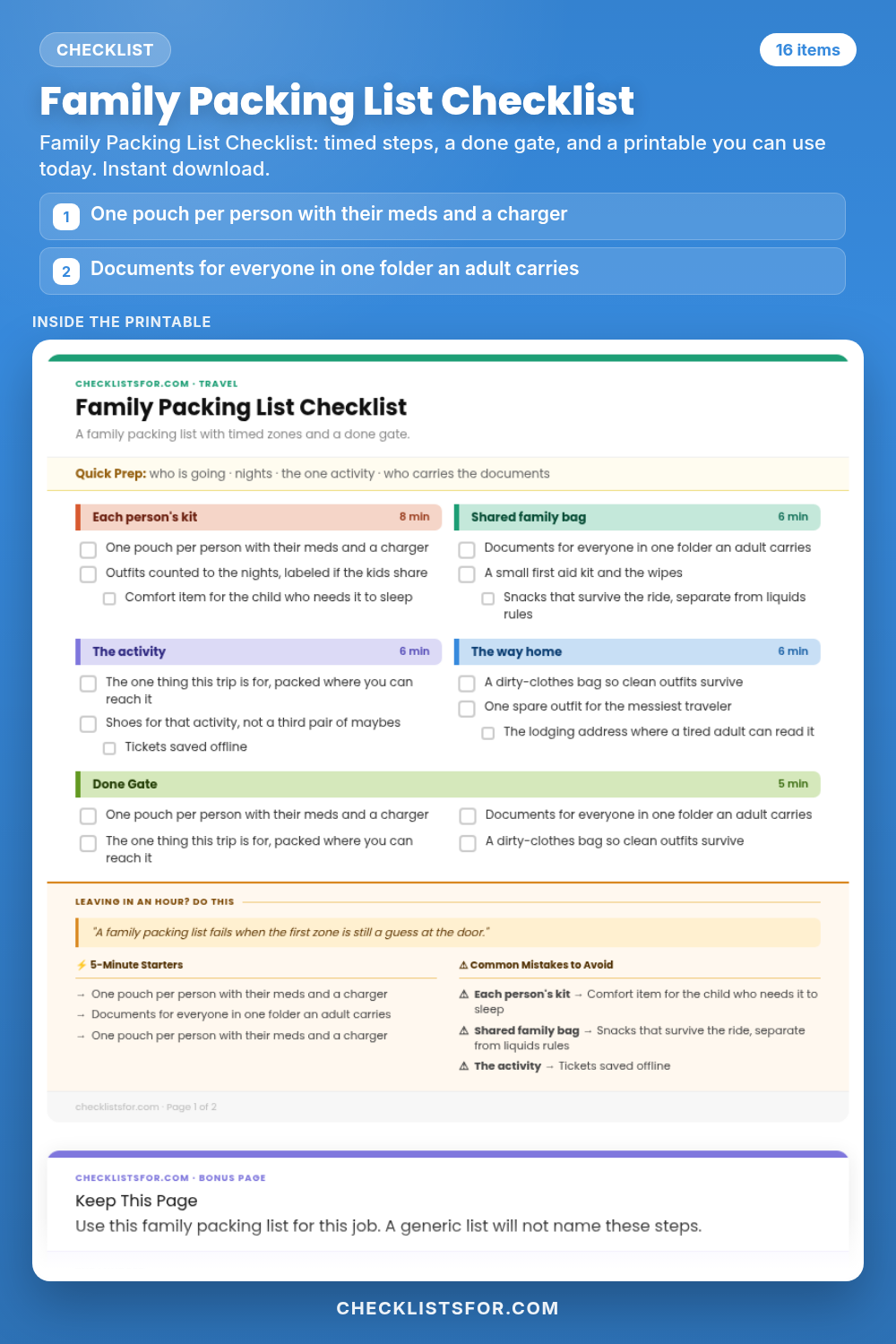 Family Packing List Checklist cover, interactive checklist