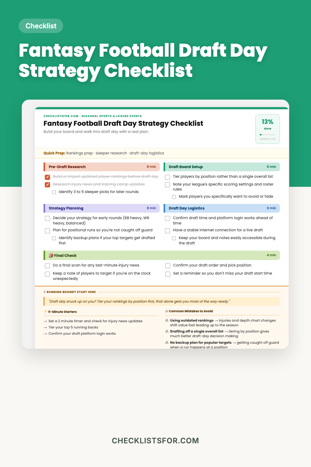 Fantasy Football Draft Day Strategy Board & Roster Prep Checklist cover