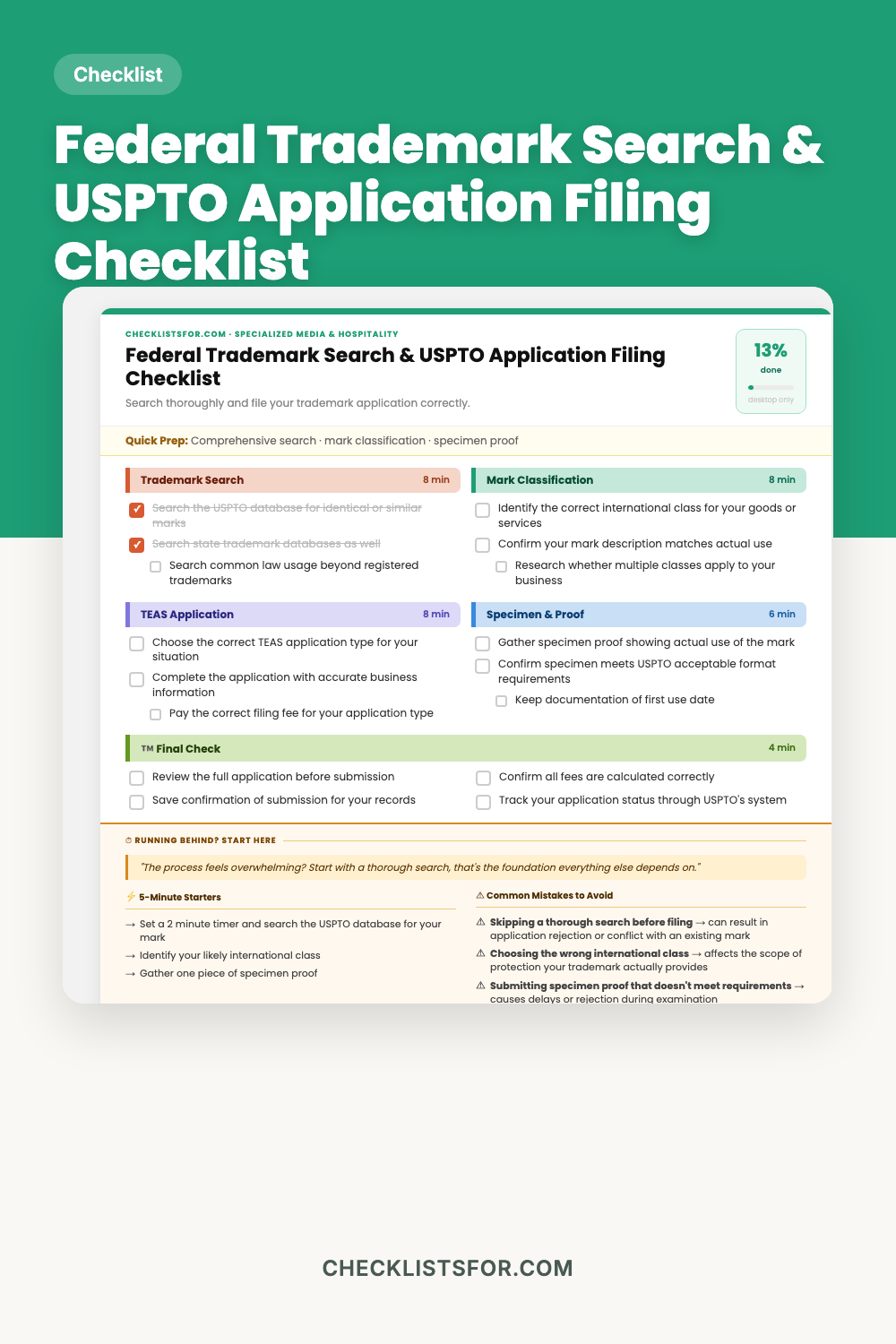 Federal Trademark Search & USPTO Application Filing Matrix Checklist cover