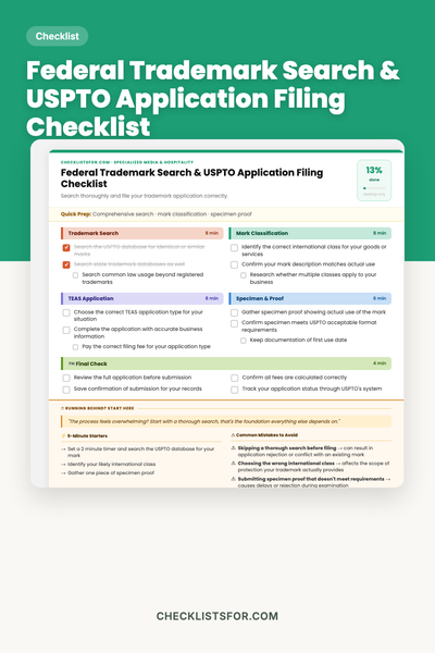 Federal Trademark Search & USPTO Application Filing Checklist