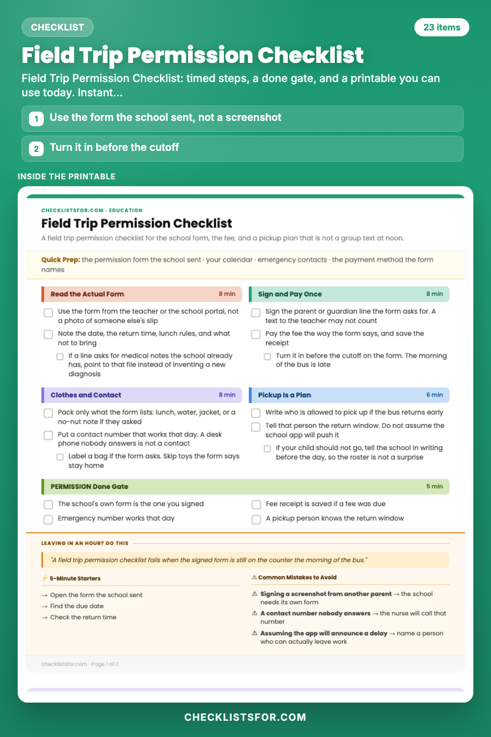 Field Trip Permission Checklist