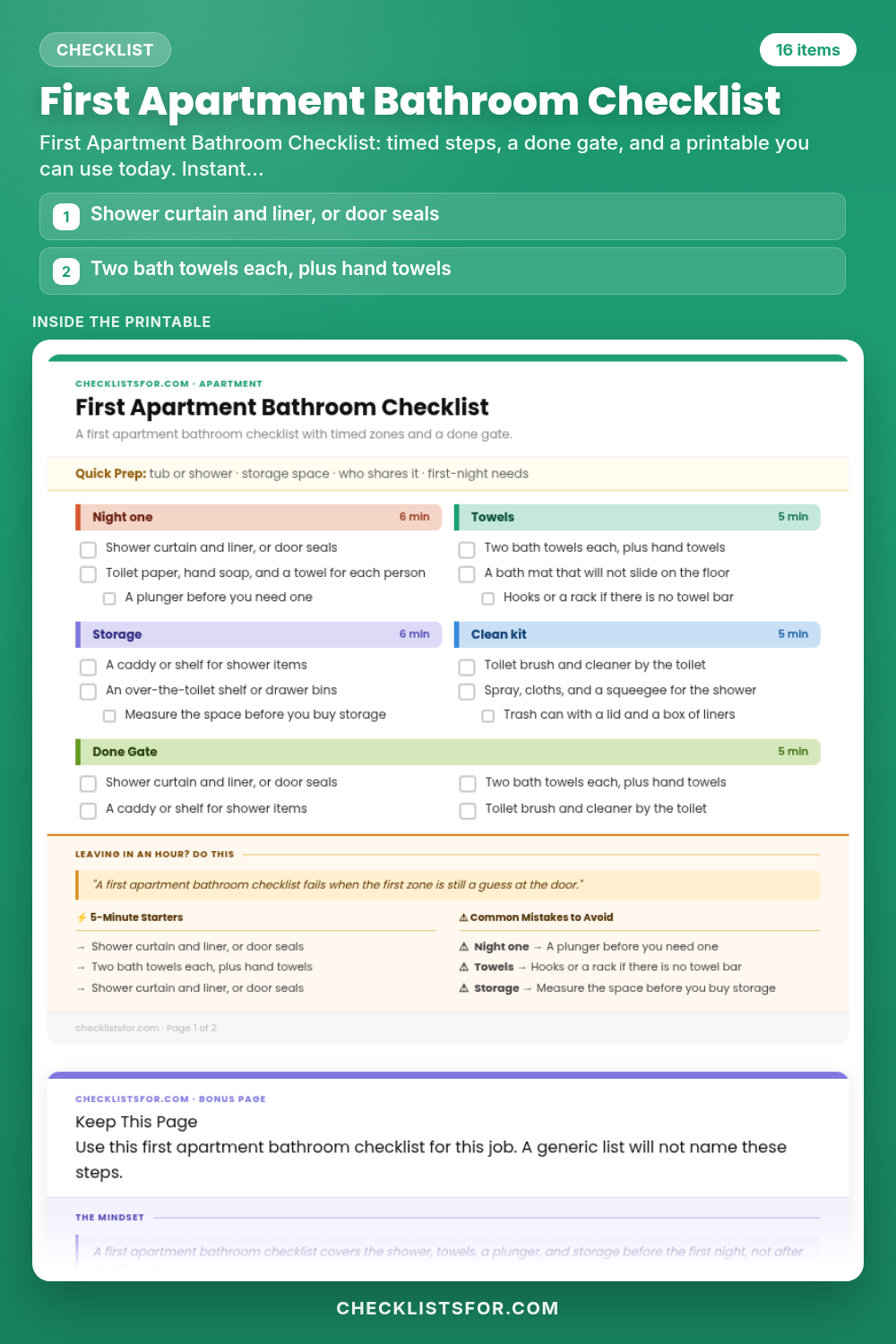 First Apartment Bathroom Checklist cover, interactive checklist
