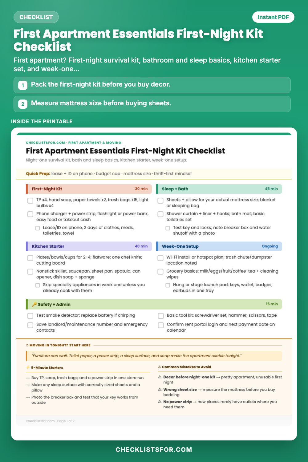First Apartment Essentials and First-Night Kit Checklist cover
