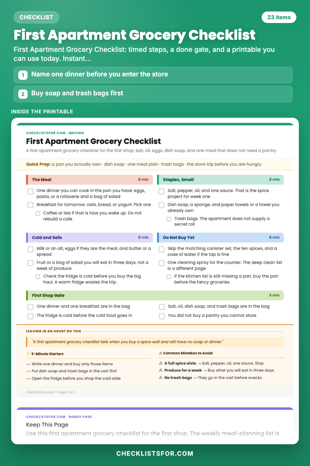 First Apartment Grocery Checklist cover, interactive checklist