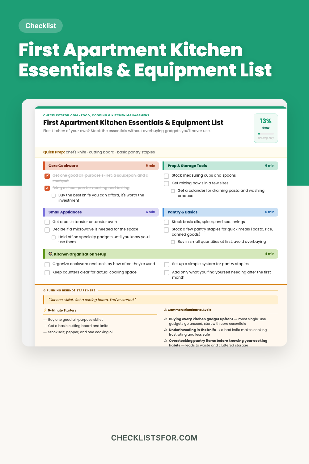 First Apartment Kitchen Essentials & Equipment List cover, interactive checklist