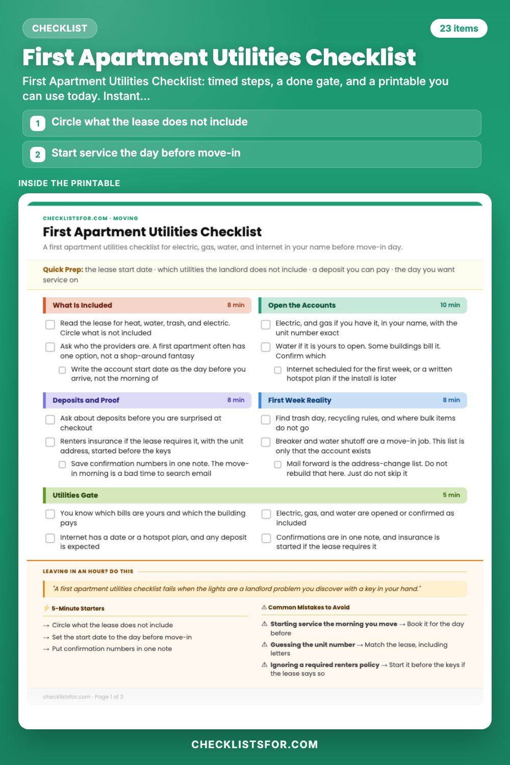 First Apartment Utilities Checklist cover, interactive checklist