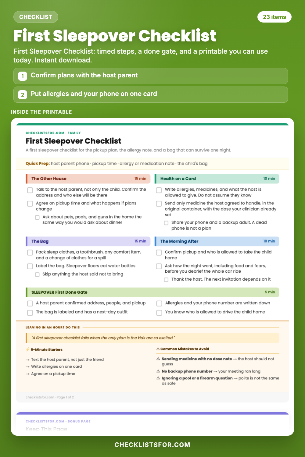 First Sleepover Checklist