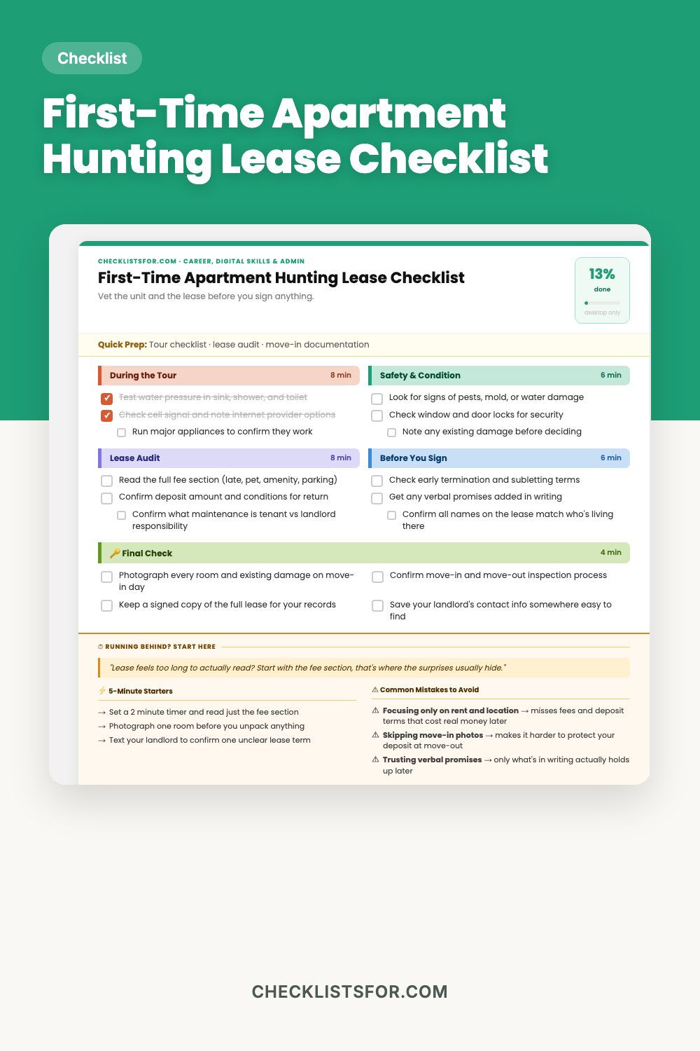 First-Time Apartment Hunting Lease Agreement Audit Checklist cover
