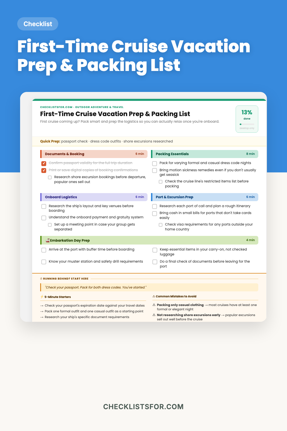 First-Time Cruise Vacation Prep & Packing List cover, interactive checklist
