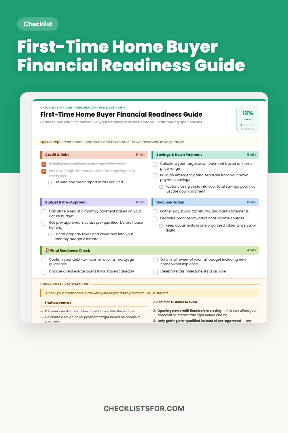 First-Time Home Buyer Financial Readiness Guide cover, interactive checklist