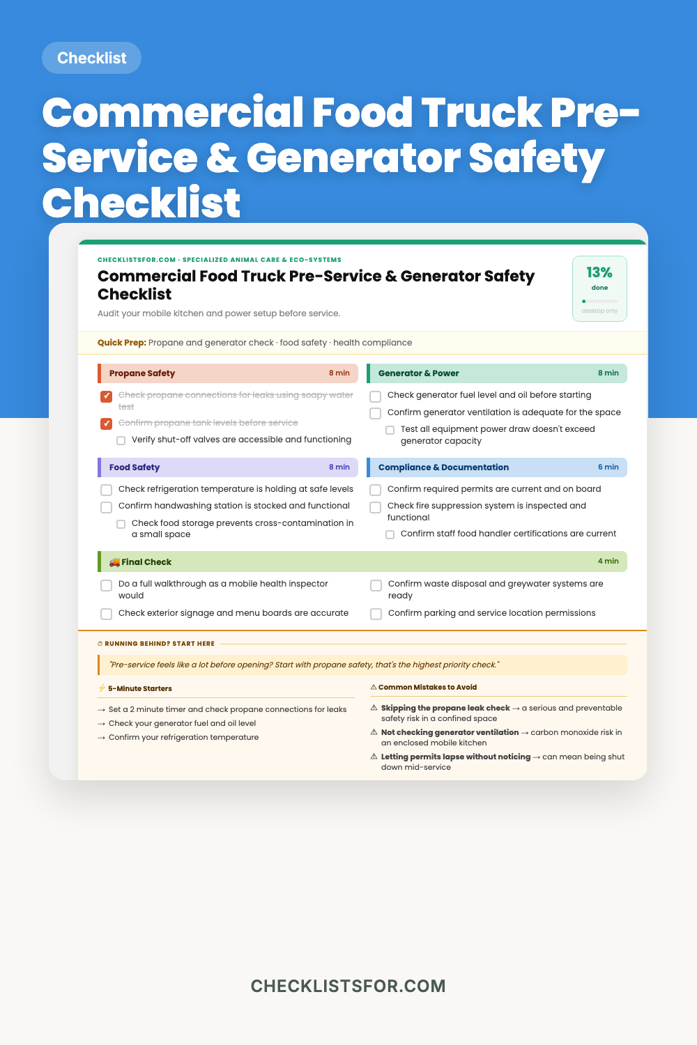 Commercial Food Truck Pre-Service & Generator Safety Checklist