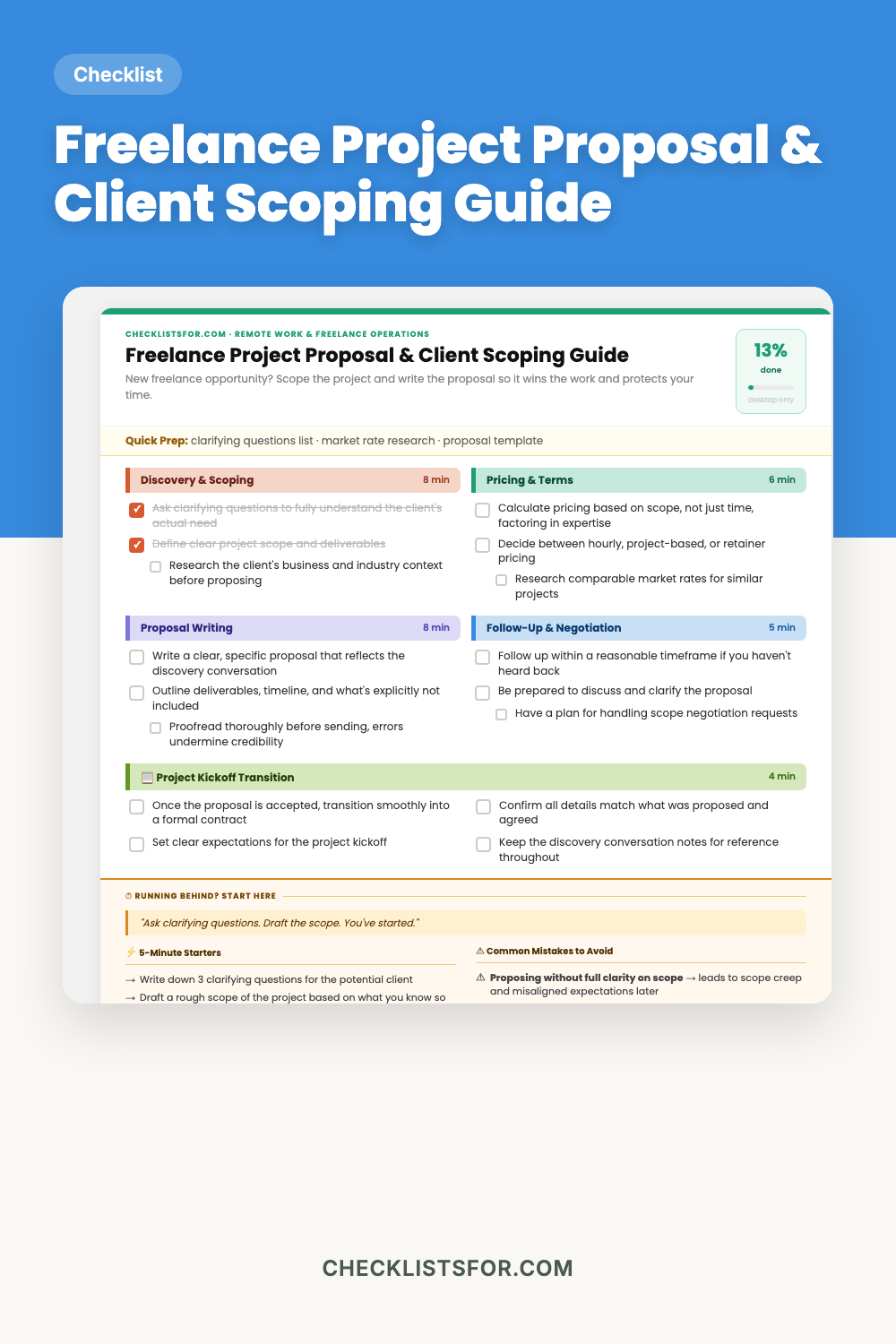 Freelance Project Proposal & Client Scoping Guide cover, interactive checklist