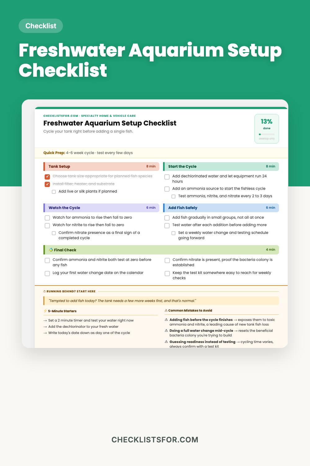Freshwater Aquarium Setup Checklist cover, nitrogen cycle tracker