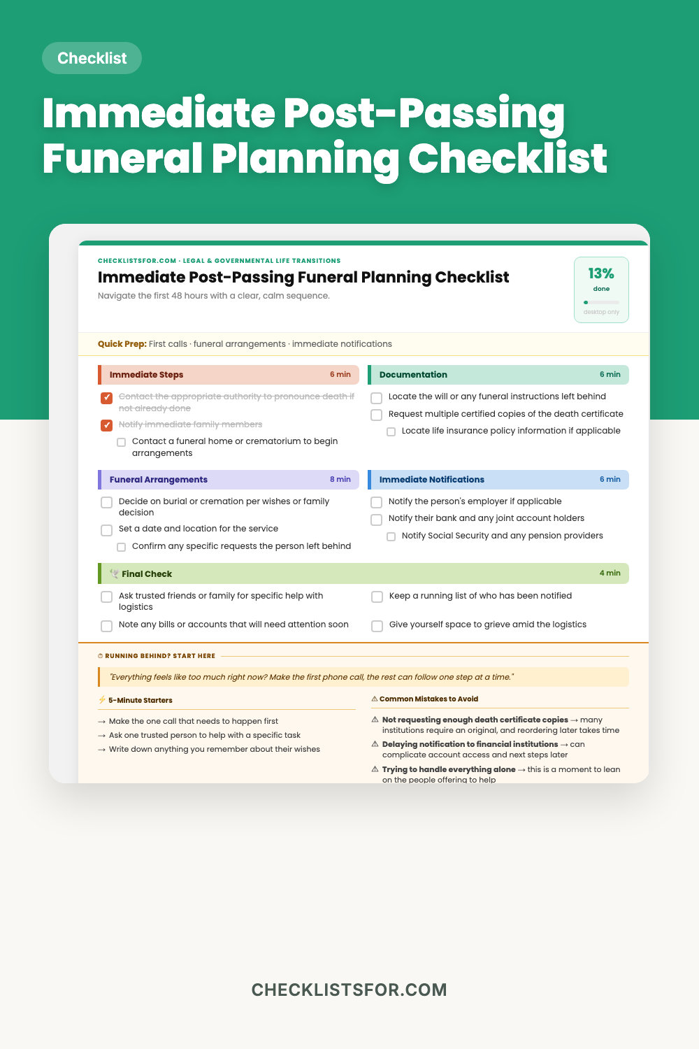 Immediate Post-Passing Funeral Planning Checklist cover, arrangement tracker