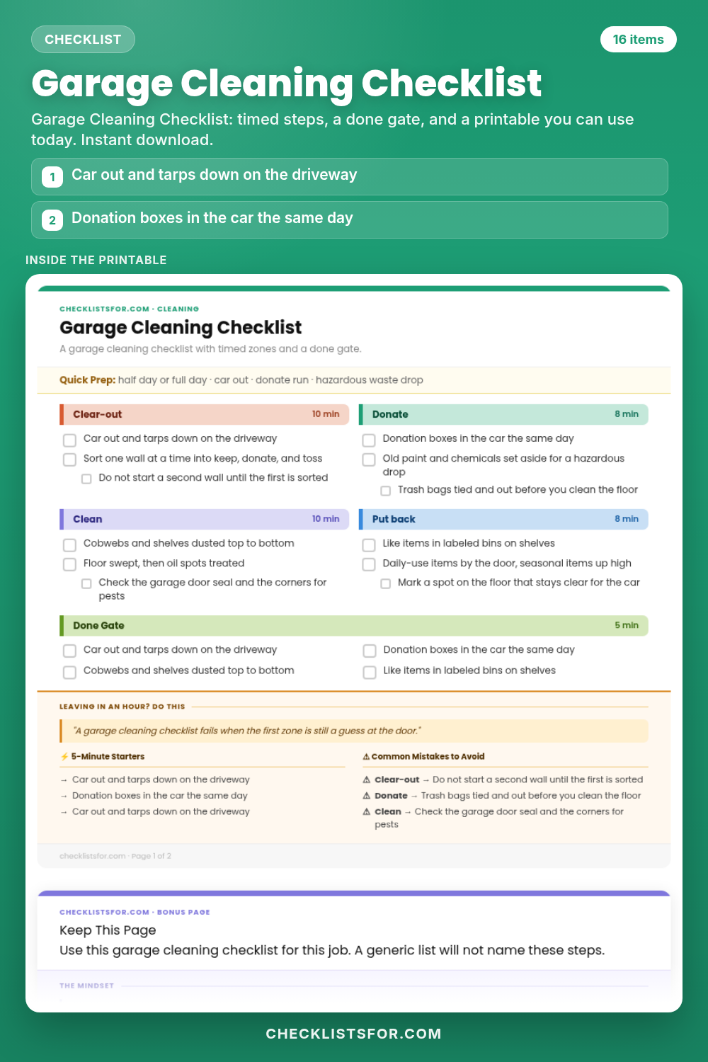 Garage Cleaning Checklist cover, interactive checklist