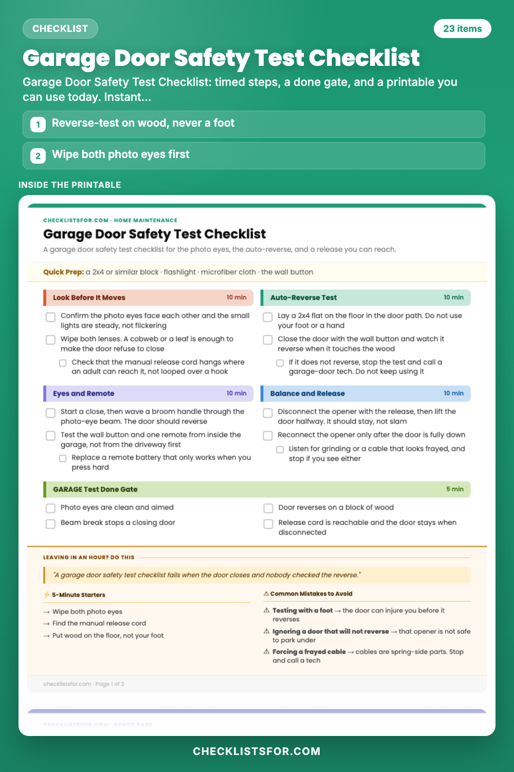 Garage Door Safety Test Checklist cover, interactive checklist
