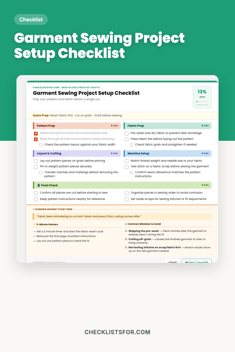 Garment Sewing Project Setup Checklist cover, fabric preparation tracker