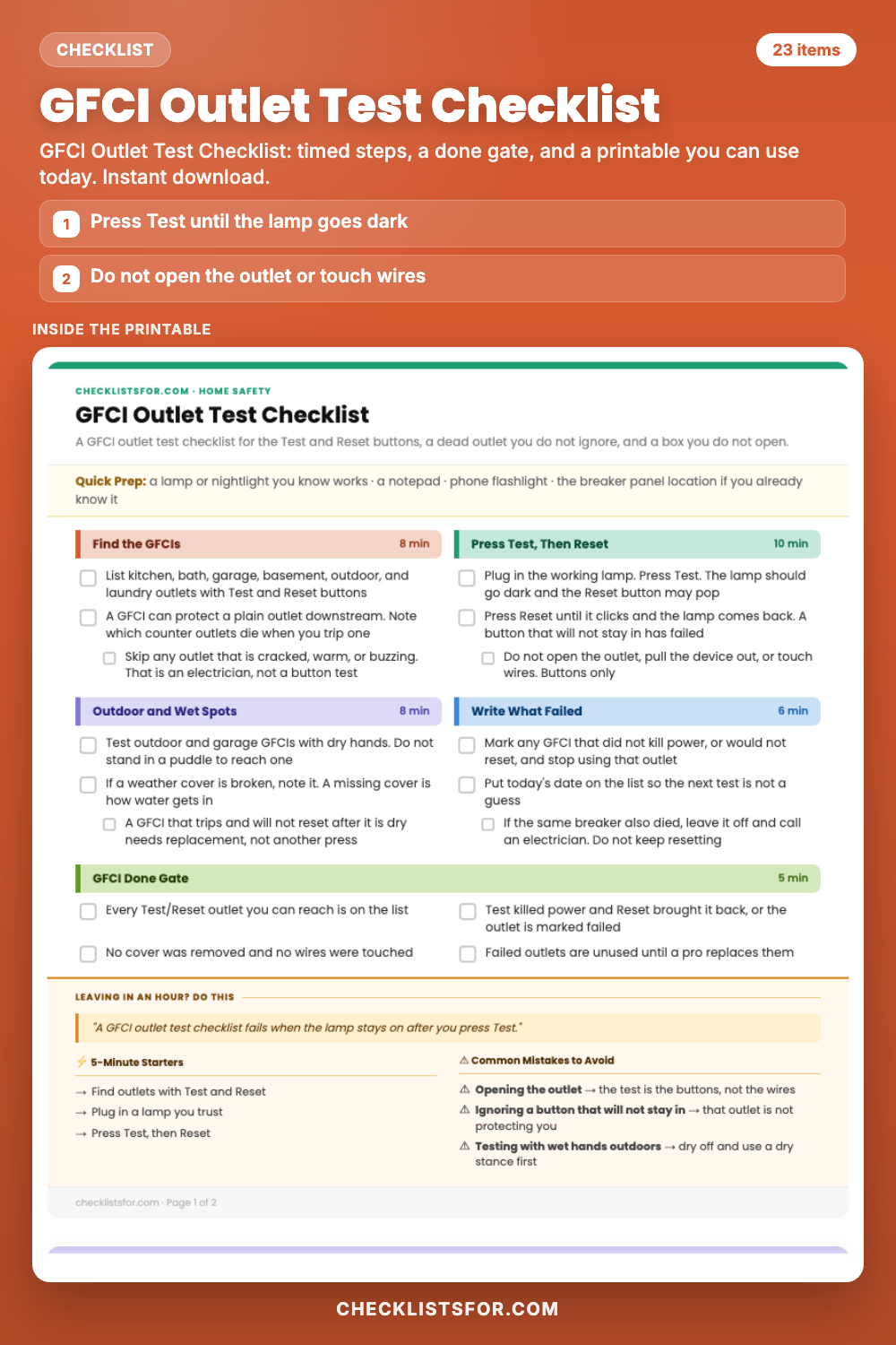 GFCI Outlet Test Checklist cover, interactive checklist