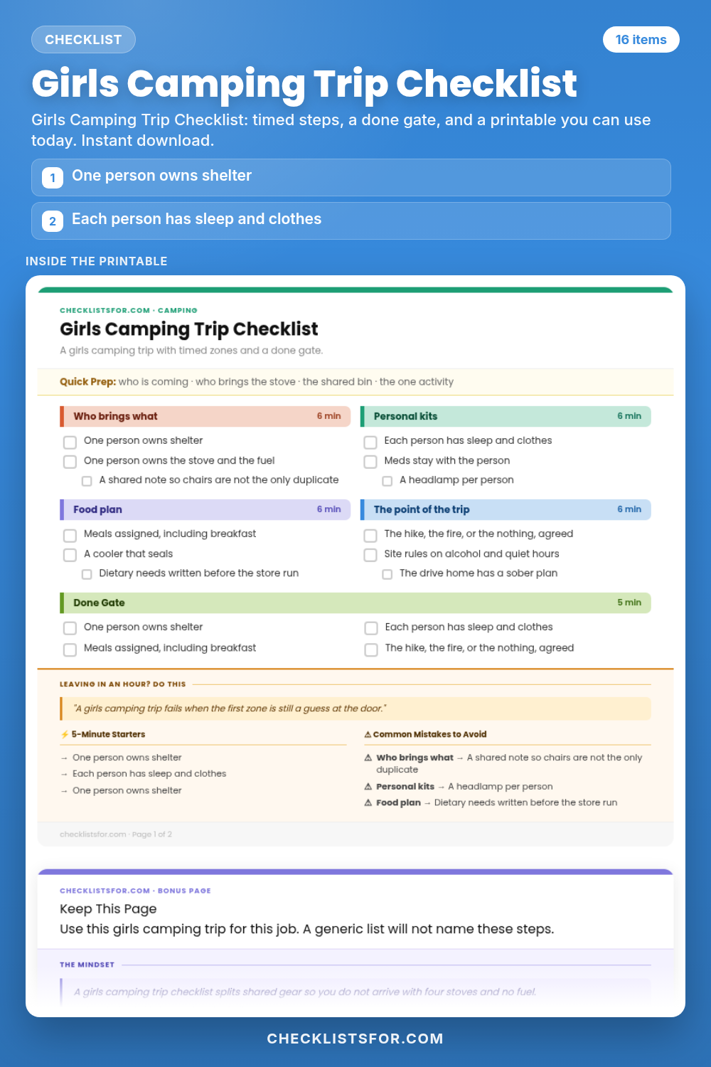 Girls Camping Trip Checklist