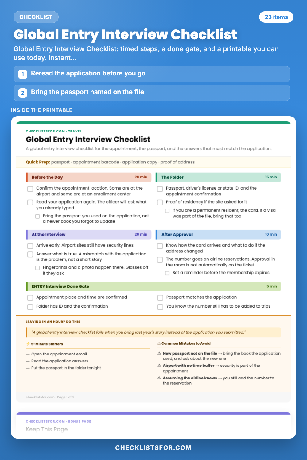 Global Entry Interview Checklist cover, interactive checklist