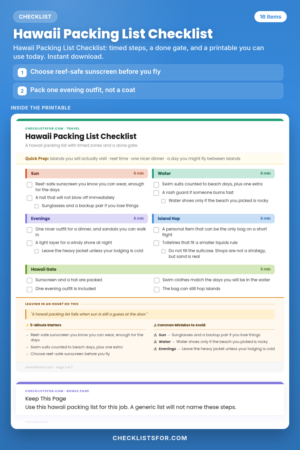 Hawaii Packing List Checklist